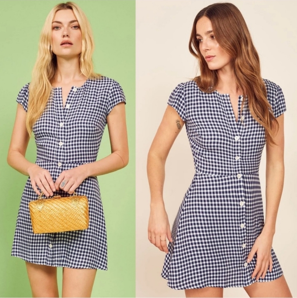 Reformation Navy and White Gingham Button-Front Mini Dress